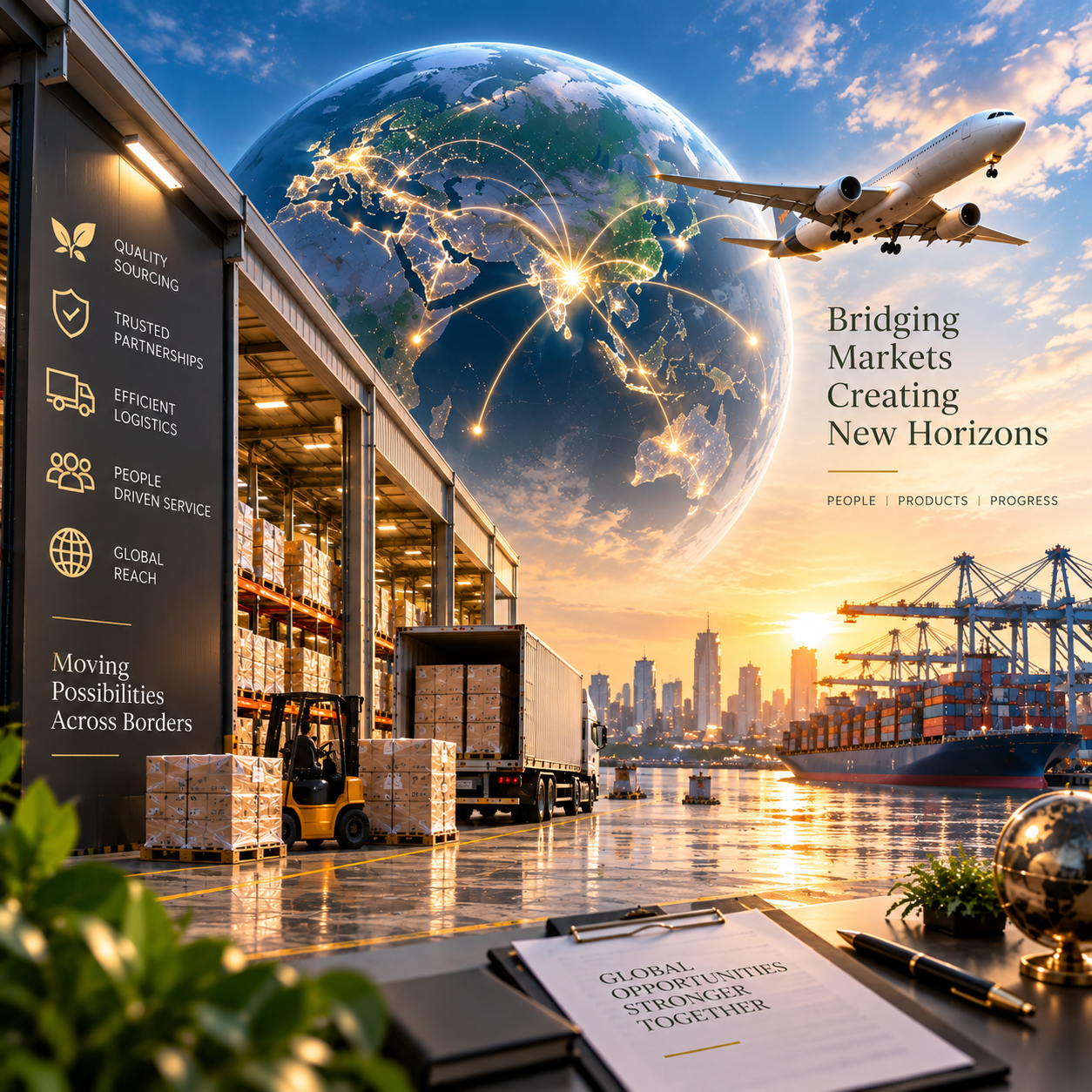 Global export logistics with warehouse, aircraft and cargo containers